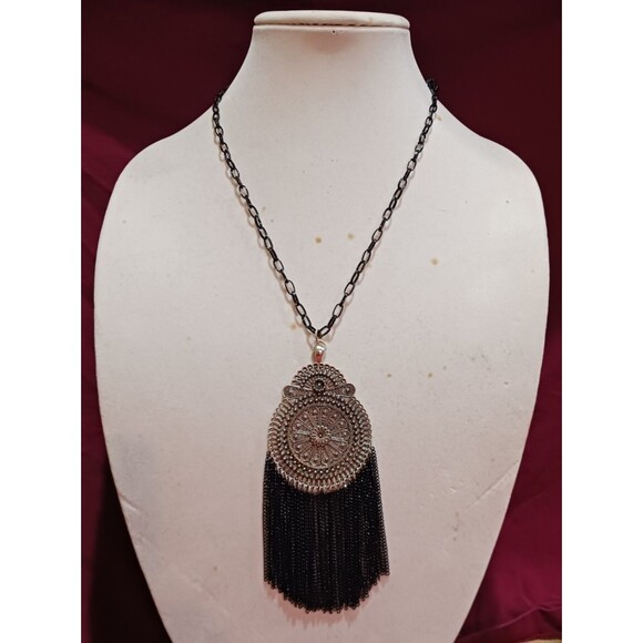 Handmade Jewelry - Handmade Black and Dark Silver Tassel Statement Fashion Medallion Necklace